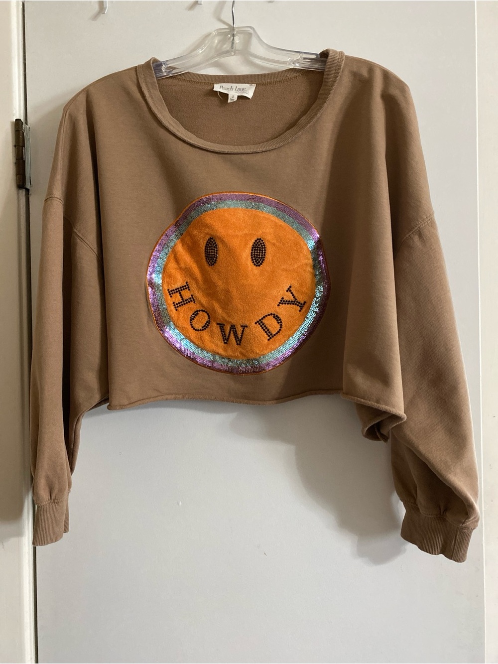Peach Love Cropped Crewneck Sweatshirt - Brown with Orange Sequin Patch